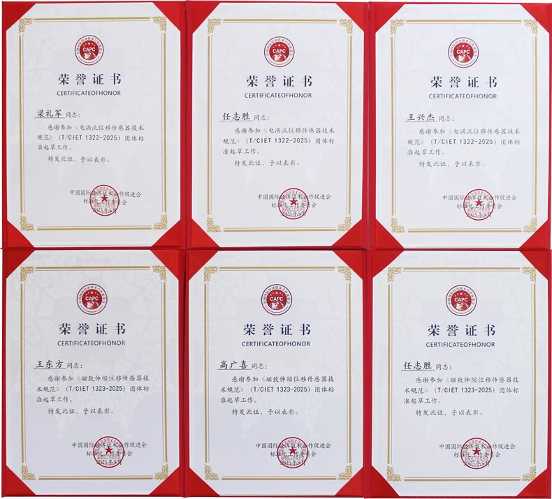 米朗科技MIRAN--磁致伸缩位移传感器与电涡流标准起草单位荣誉证书2025年