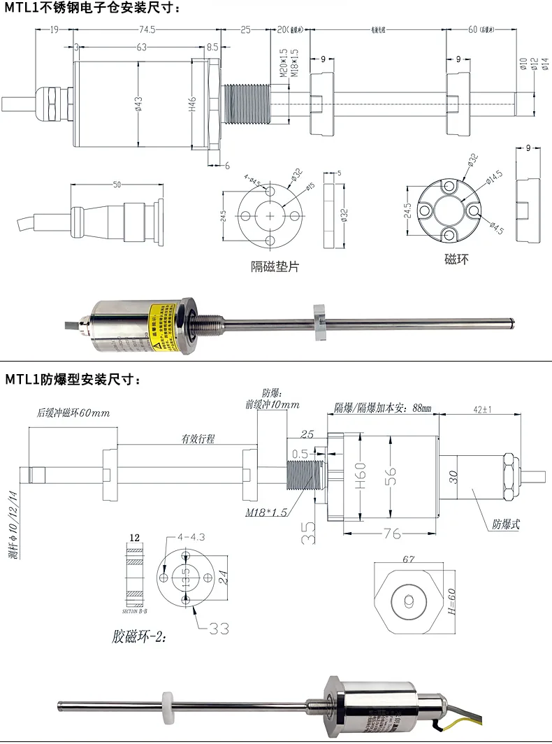 五、闸门开度内置高压式(磁致伸缩)位移传感器安装尺寸图