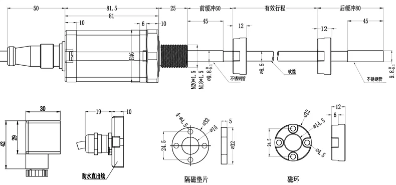 四、闸门开度不锈钢软缆式(磁致伸缩)位移传感器安装尺寸图